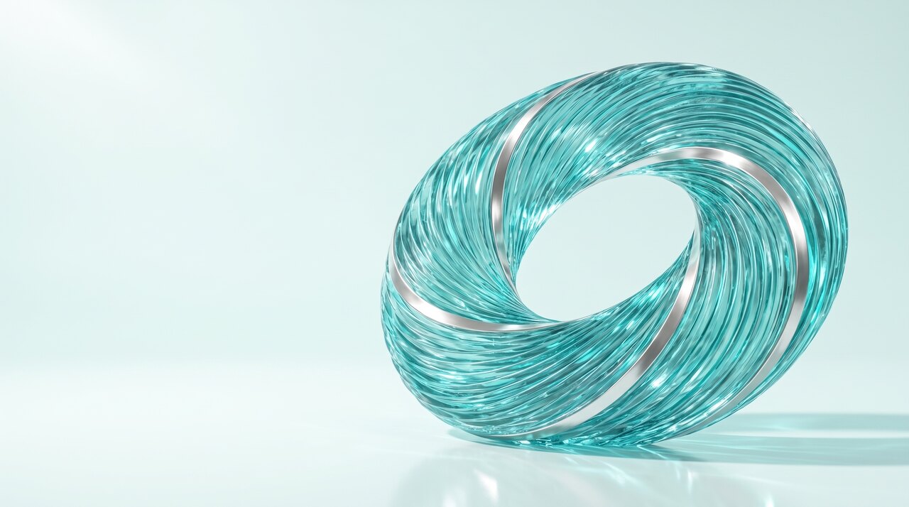 A material study in bright daylight. A closed ring of clear turquoise glass, its surface combed into fine parallel grooves, with pearl silver bands spiralling around it, resting on a pale reflective floor.