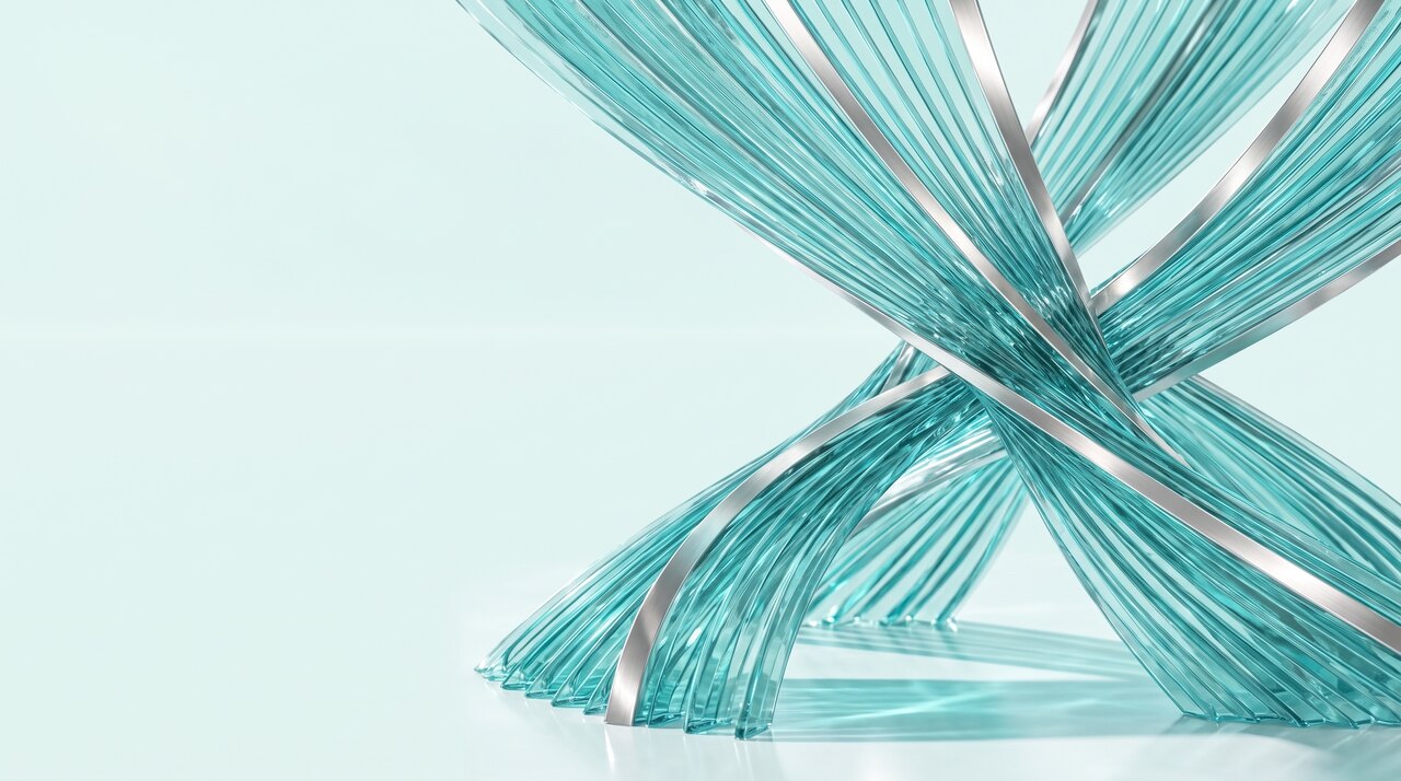 A material study in bright daylight. Several broad ribbons of clear turquoise glass, each carrying a pearl silver spine, pass through one another at a single crossing point and splay outward in every direction.