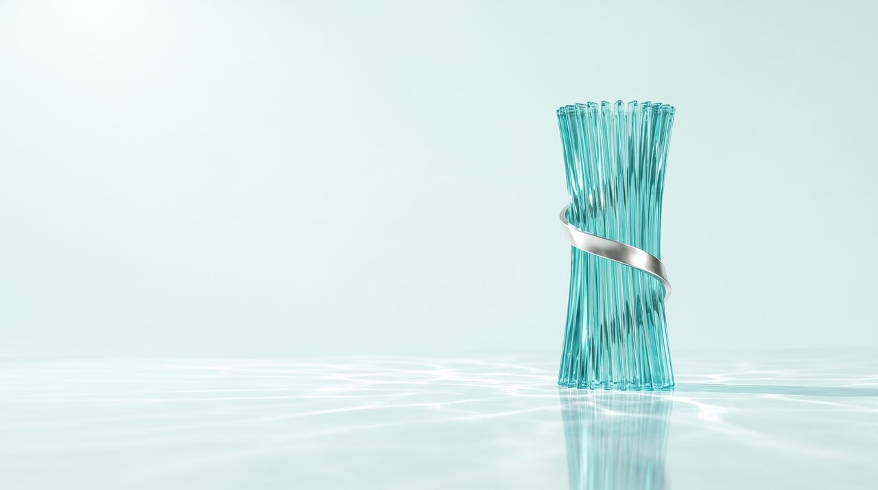 A material study in bright daylight. A single upright bundle of slender clear turquoise glass rods stands in shallow still water, gripped once around the middle by a pearl silver band.