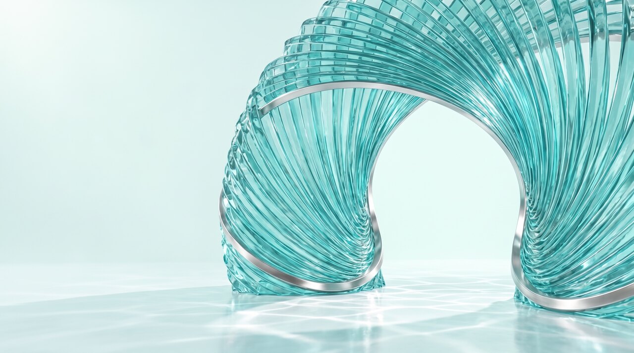 A material study in bright daylight. A thick rope of clear turquoise glass strands arches over like a doorway, wound once with a pearl silver band, its feet planted in a rippled pale floor with a second arch continuing off frame.