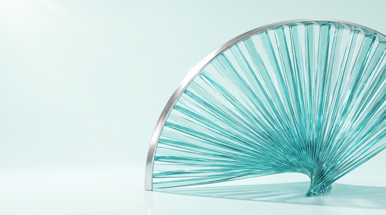 A material study in bright daylight. A half circle fan of clear turquoise glass blades spreads from a small point at the lower right, bound along its outer edge by a polished pearl silver rim.