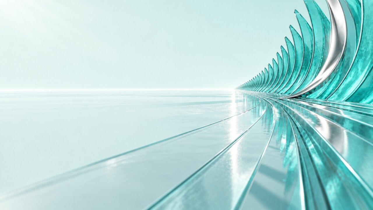 A material study photographed in bright daylight from a very low camera. A far fan of clear turquoise glass fins runs away to the right along a long silvery horizon, reflected in a pale sea glass floor. The left of the frame is empty pale mint sky and floor meeting at the horizon line.