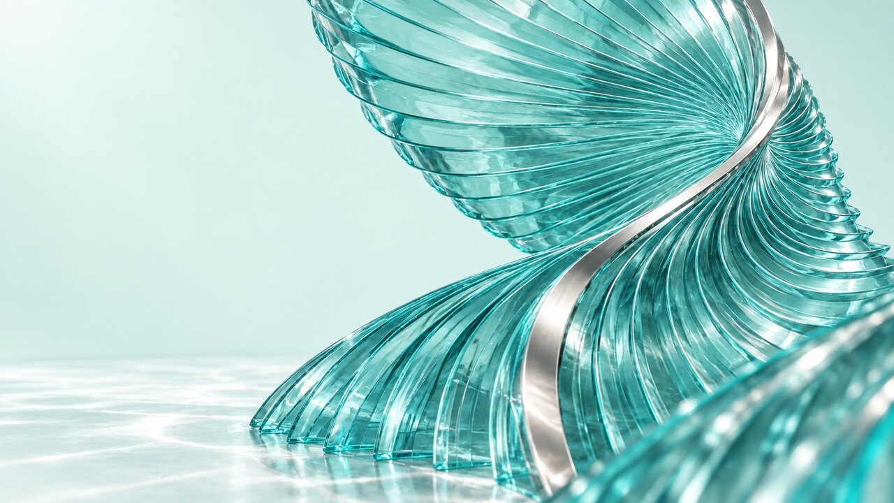A material study photographed in bright daylight. A monumental pleated wave of clear turquoise glass turns through a quarter circle, a polished pearl silver ribbon running along its crest, standing on a pale reflective floor that scatters light turquoise caustics. The left of the frame is empty pale mint.